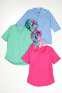 Merino Woolen T-Shirts that are pale blue forest green and pink with a scarf in the middle
