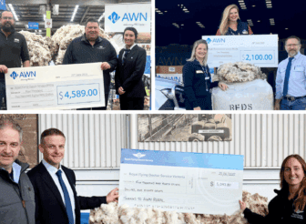 AWN team members presenting donation cheques to the Royal Flying Doctor Service across multiple regional wool auction sites, with wool bales and banners in the background.