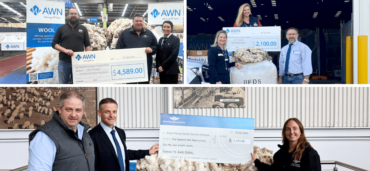 AWN team members presenting donation cheques to the Royal Flying Doctor Service across multiple regional wool auction sites, with wool bales and banners in the background.
