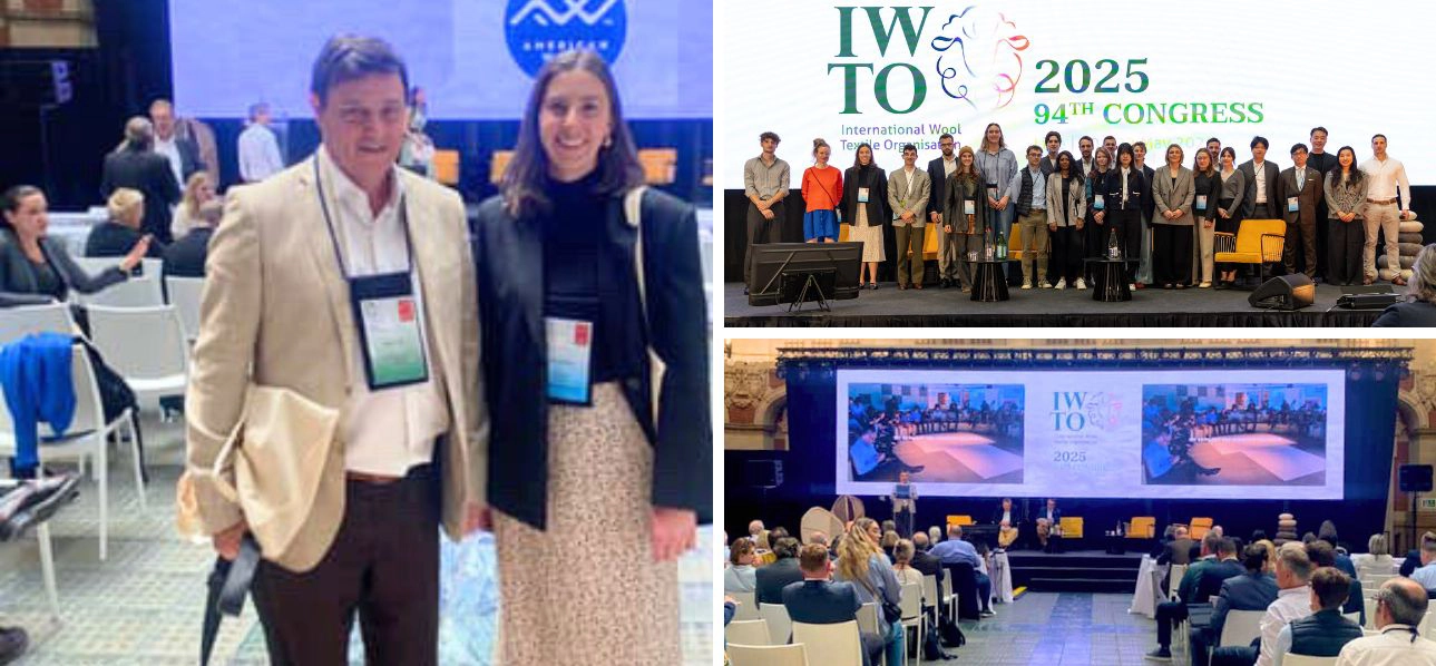 John Colley and Tamara Pabst representing AWN at IWTO Lille 2025, standing together at the international wool industry event.