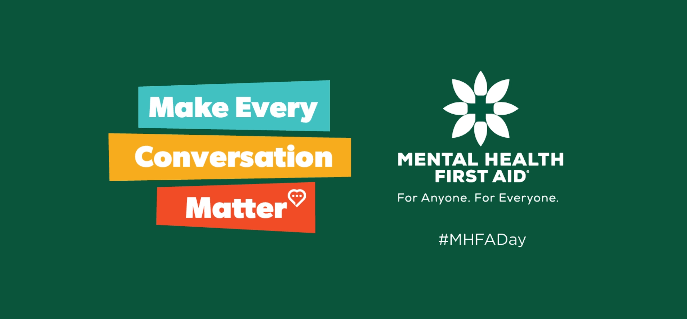 Make Every Conversation Matter – Mental Health First Aid Day 2025 campaign graphic with MHFA logo and hashtag #MHFADay.