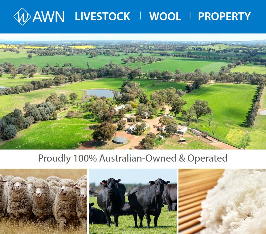 Aerial view of a lush green Australian rural property or farm with a dam, surrounded by fields and trees. Below the main image are three smaller photos featuring: a line of sheep, two black Angus cattle, and a close-up of light-colored raw wool on a wooden surface. The banner at the top reads 